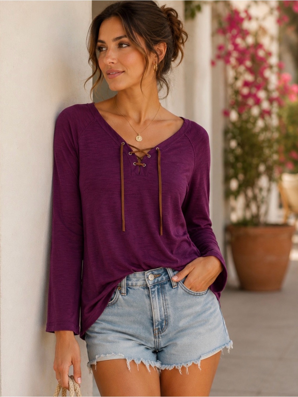 💗 Chaps Purple Lace-Up Long Sleeve Top Size Small Casual Knit Blouse